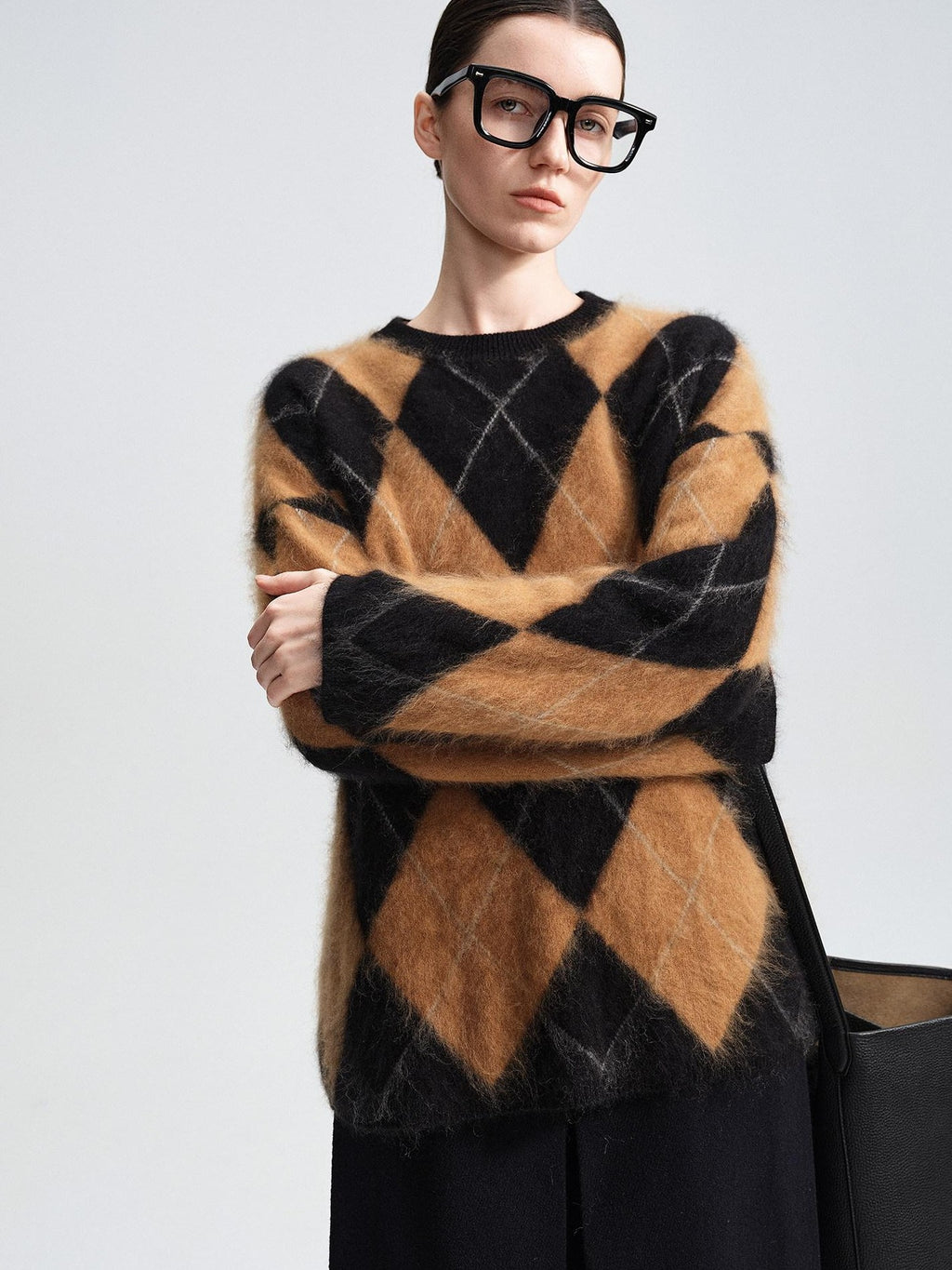 audreyyang Thick Wool Cashmere Vintage Straight Fit Brown Diamond Knit Women Sweaters