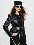 audreyyang Belted Lambskin Slim Fit Short Lapel Long Sleeve Black Genuine Leather Jackets