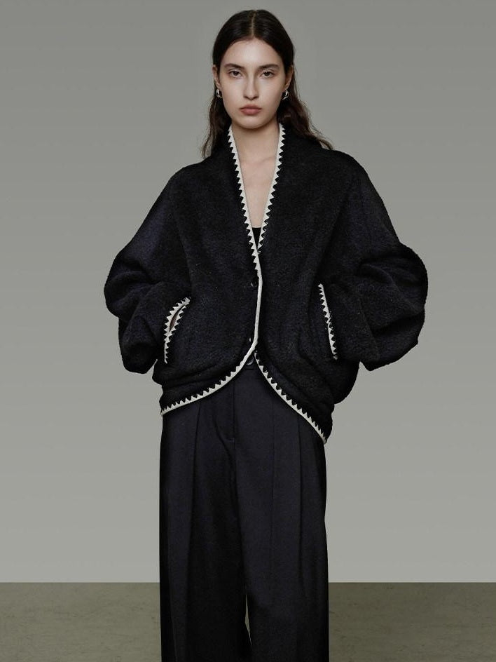 unspoken Minimalist Commuter Tailored Oversized V-neck Short Black Women Wool Coats