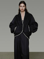 unspoken Minimalist Commuter Tailored Oversized V-neck Short Black Women Wool Coats