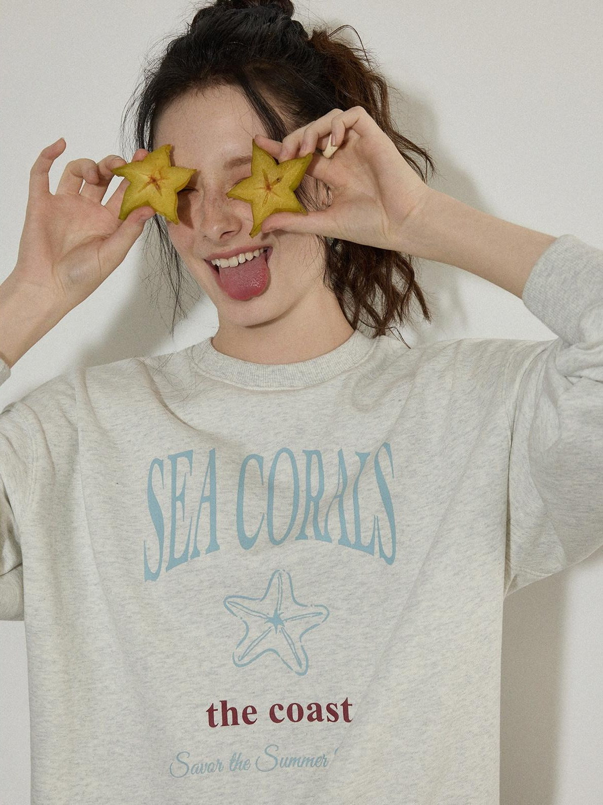 Lofi choose Cotton Blend Relaxed Crewneck Women Office Letter Print Blue Grey Sweatshirt