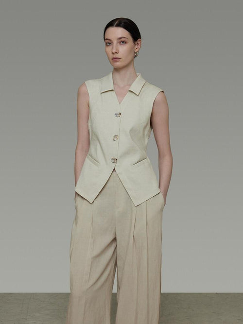 unspoken Breathable Polyester Linen Blend Loose Fit Button Front Office Women Vests