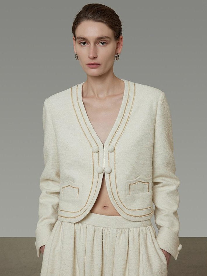 unspoken Cropped V-neck Blazer Tailored Slim High Waist Cotton Office Top & Skirt Sets
