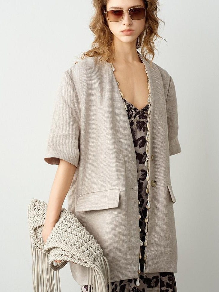 audreyyang Pure Linen Relaxed Short Sleeve Solid Casual Women Lightweight Top & Shorts Sets
