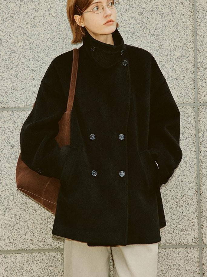 fano Double Breasted Stand Collar Commuter Loose Fit Women Black Pocket Wool Coats