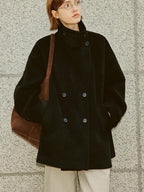 fano Double Breasted Stand Collar Commuter Loose Fit Women Black Pocket Wool Coats