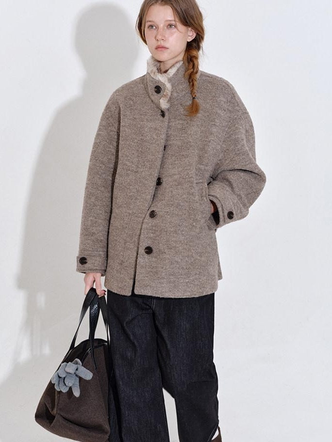 fano 70 Wool 30 Polyester Light Brown Women Korean Commuter Stand Collar Wool Coats