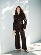 audreyyang Pu Faux Leather Casual Natural Waist Zip Fly Women Straight Pants