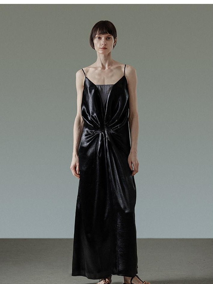 unspoken Satin Minimal V-neck Camisole Natural Waist City Commuter Women Maxi Dresses