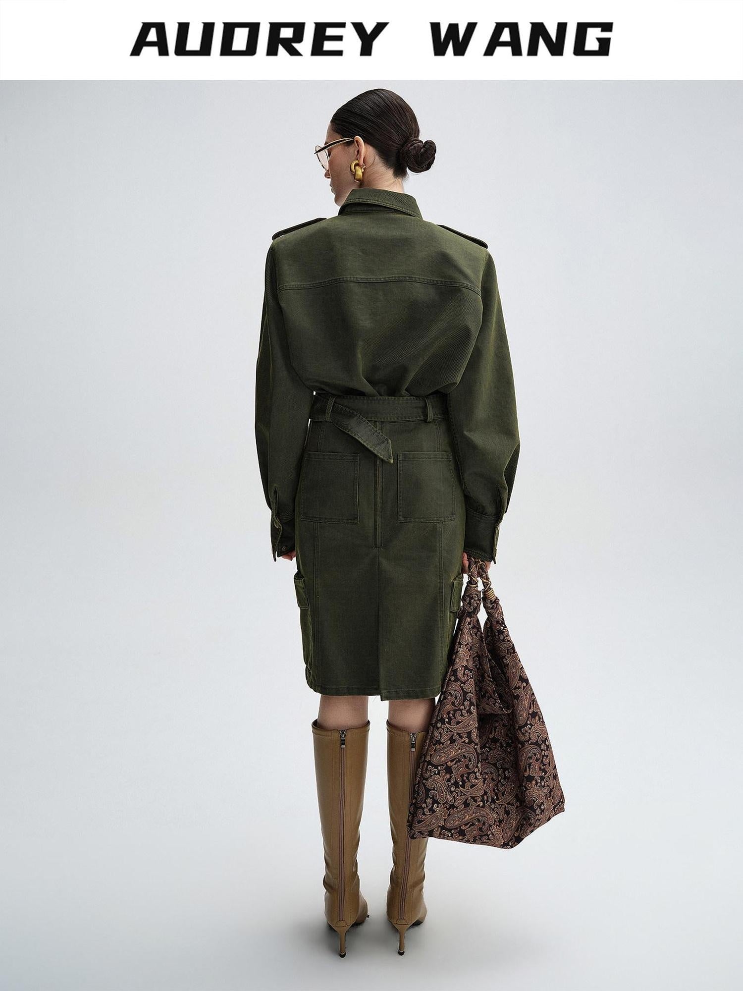 audreyyang Thick Cotton Cinched Waist Vintage Long Sleeve Army Green Top & Skirt Sets