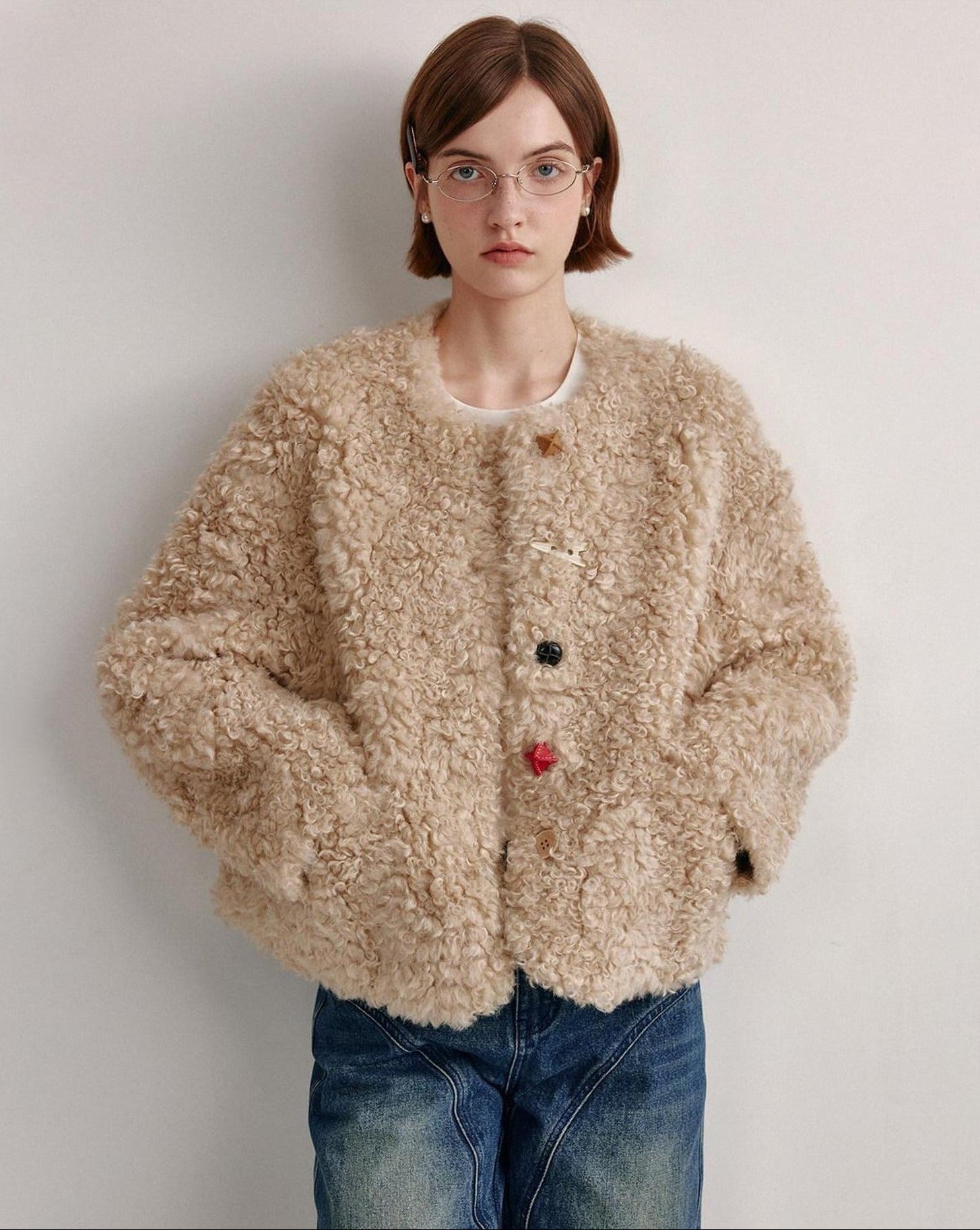 fano Faux Fur Straight Cut Minimal Workwear Women Gray Khaki Short Coat