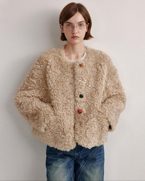 fano Faux Fur Straight Cut Minimal Workwear Women Gray Khaki Short Coat
