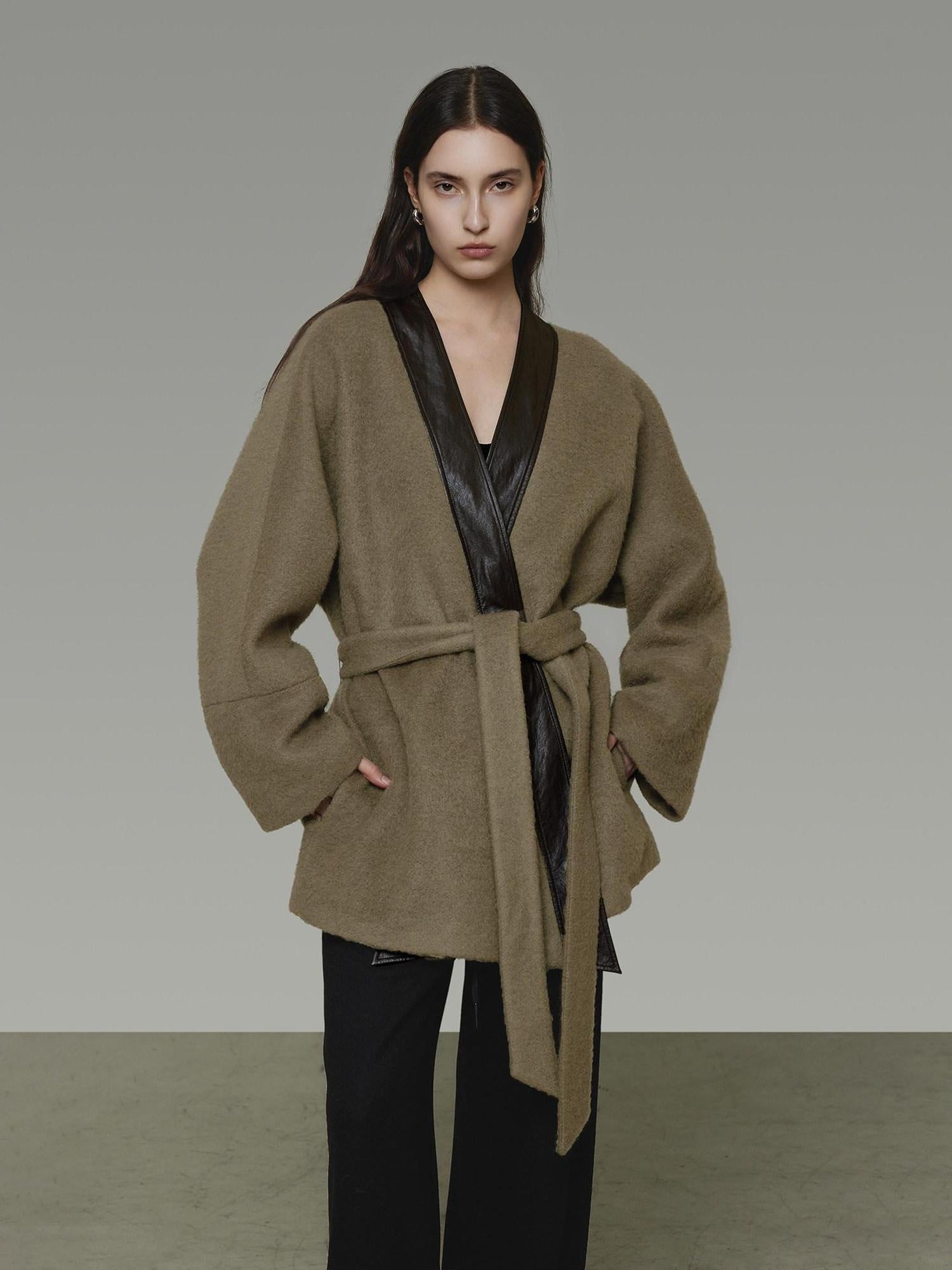 unspoken Minimal Patchwork Loose Fit V-neck Tie Closure Women Commuter Wool Coats