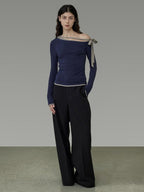 unspoken Tie Detail Slim Knit Pullover Asymmetrical Collar Office Viscose Blouses