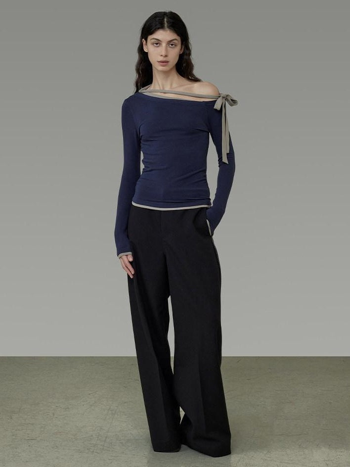 unspoken Tie Detail Slim Knit Pullover Asymmetrical Collar Office Viscose Blouses