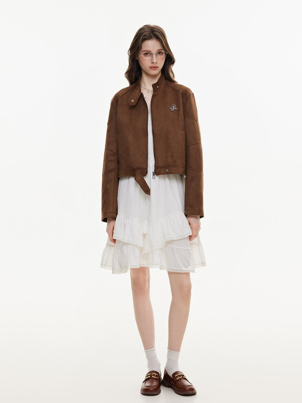 ikyou Durable Vintage Slim 3D Embellished Stand Collar Zip Brown Women Cropped Jackets