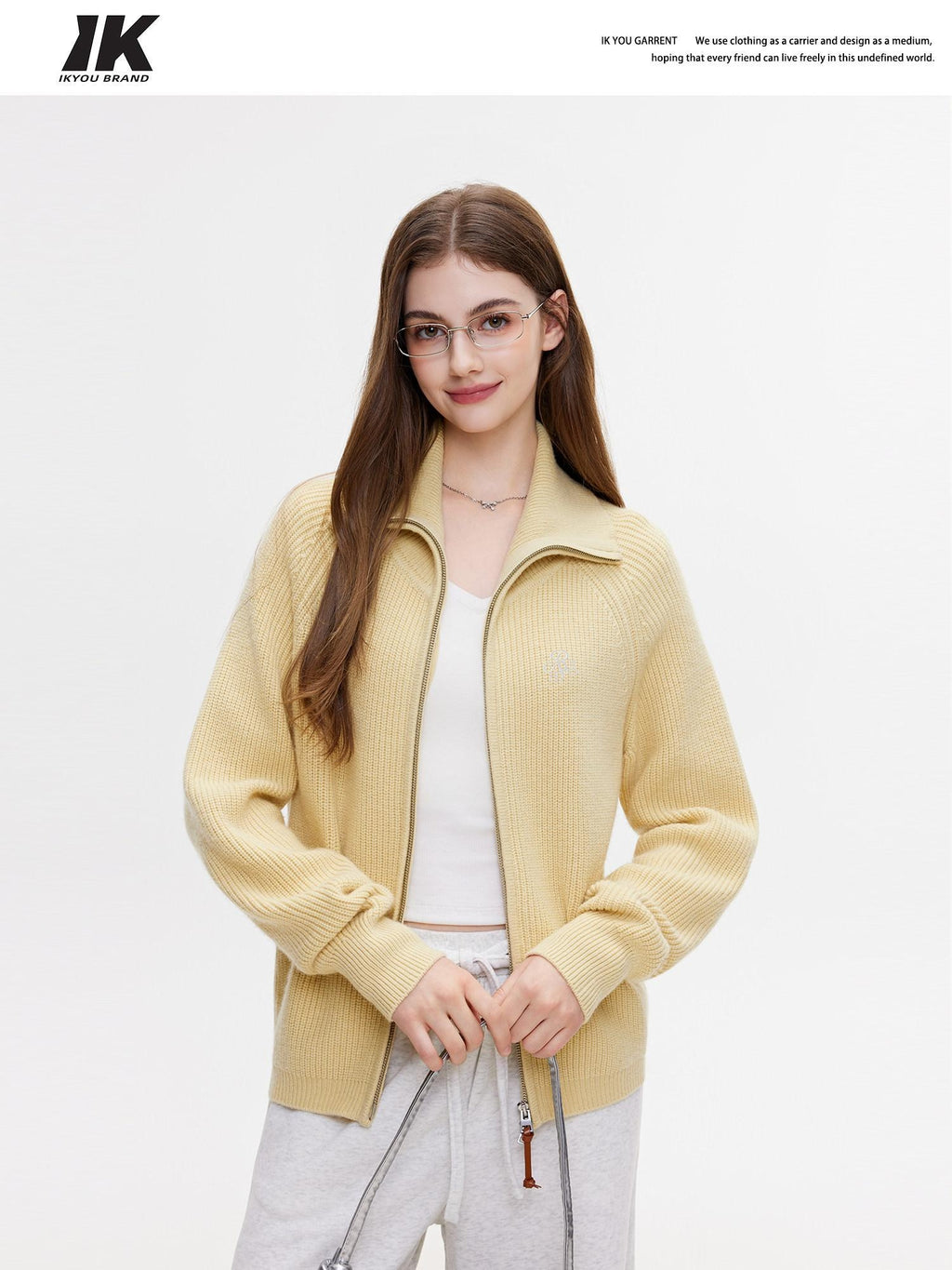 ikyou Warm Zipper Stand Collar Loose Knit Commuter Yellow Wool Blend Cardigans