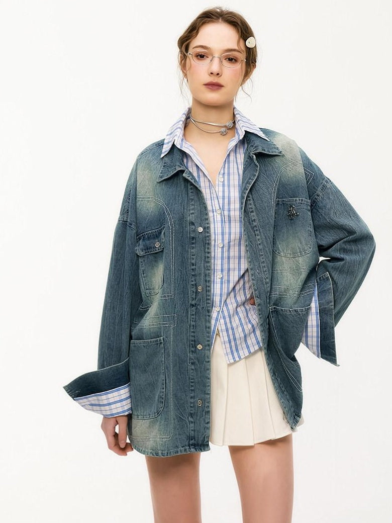 ikyou Shape Retaining Vintage Loose 3D Detail Women Midlength Blue Denim Jackets