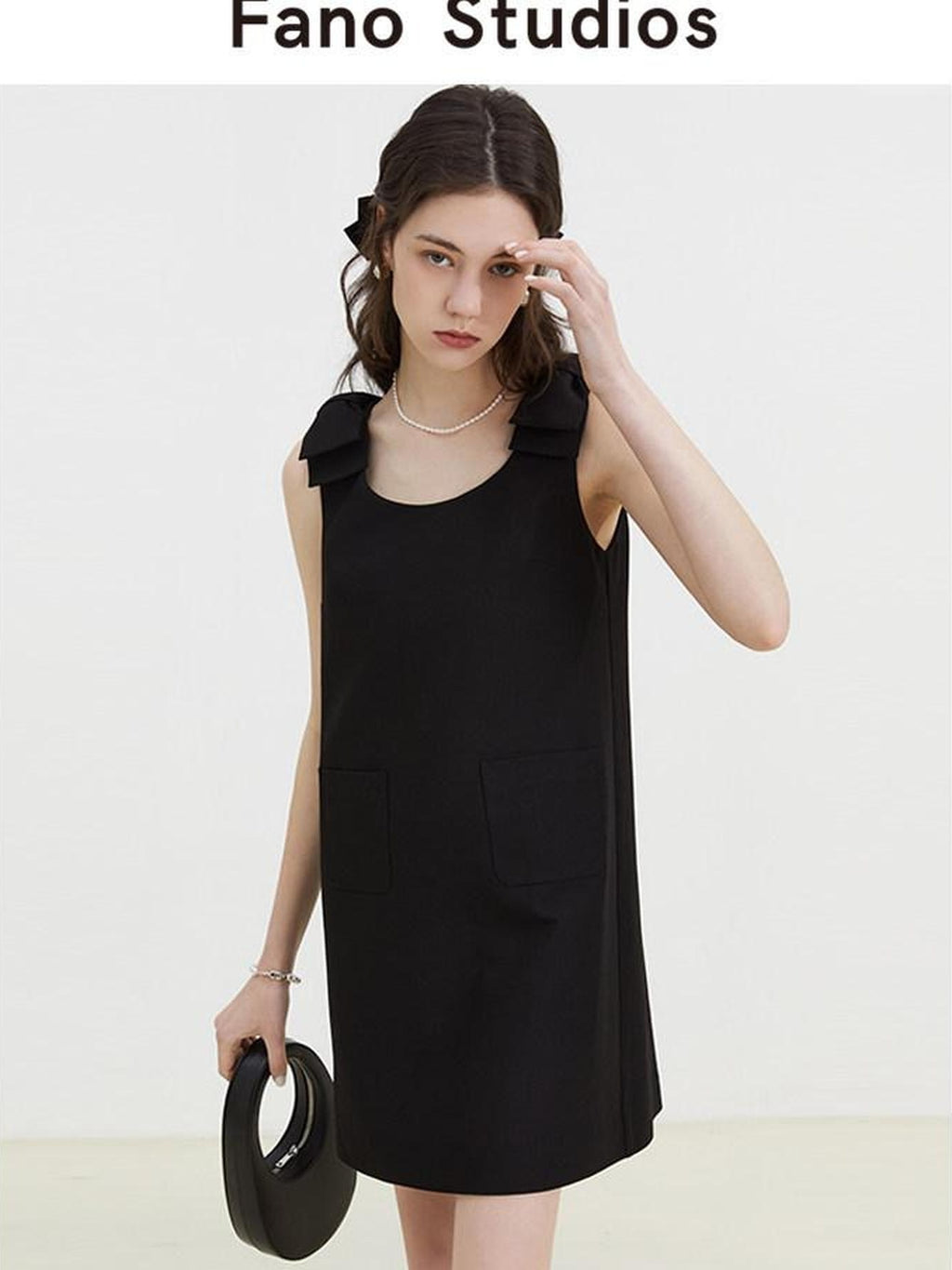 fano Minimal Bow High Waist A Line Sleeveless Round Neck Workwear Black Midi Dresses