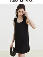 fano Minimal Bow High Waist A Line Sleeveless Round Neck Workwear Black Midi Dresses