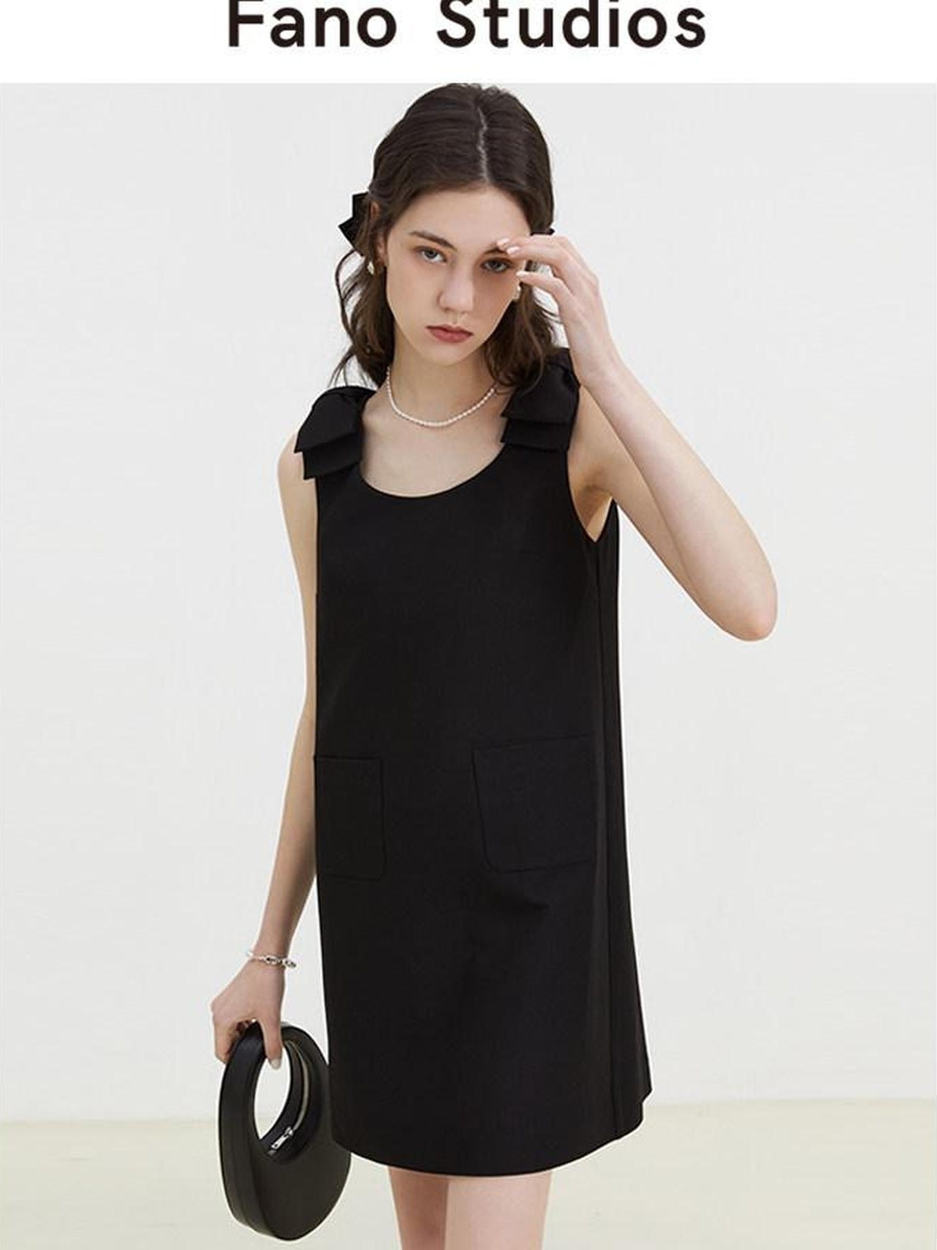 fano Minimal Bow High Waist A Line Sleeveless Round Neck Workwear Black Midi Dresses