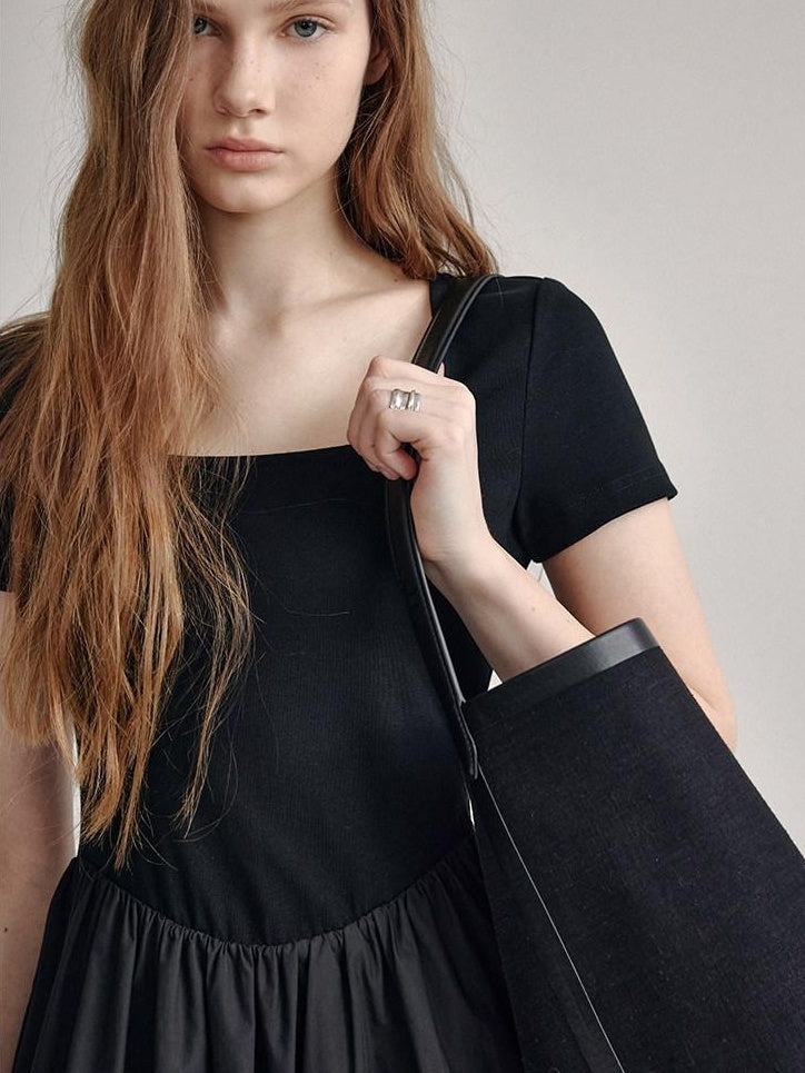 fano Cotton High Waist A Line Square Neck Short Sleeve Office Casual Maxi Dresses