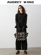 audreyyang Waist Slimming Casual Cropped Lapel Long Sleeve Black Polyester Top & Pants Sets