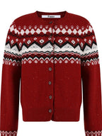 fano Warm Sheep Wool Jacquard Loose Korean Commuter Crewneck Red Women Cardigans