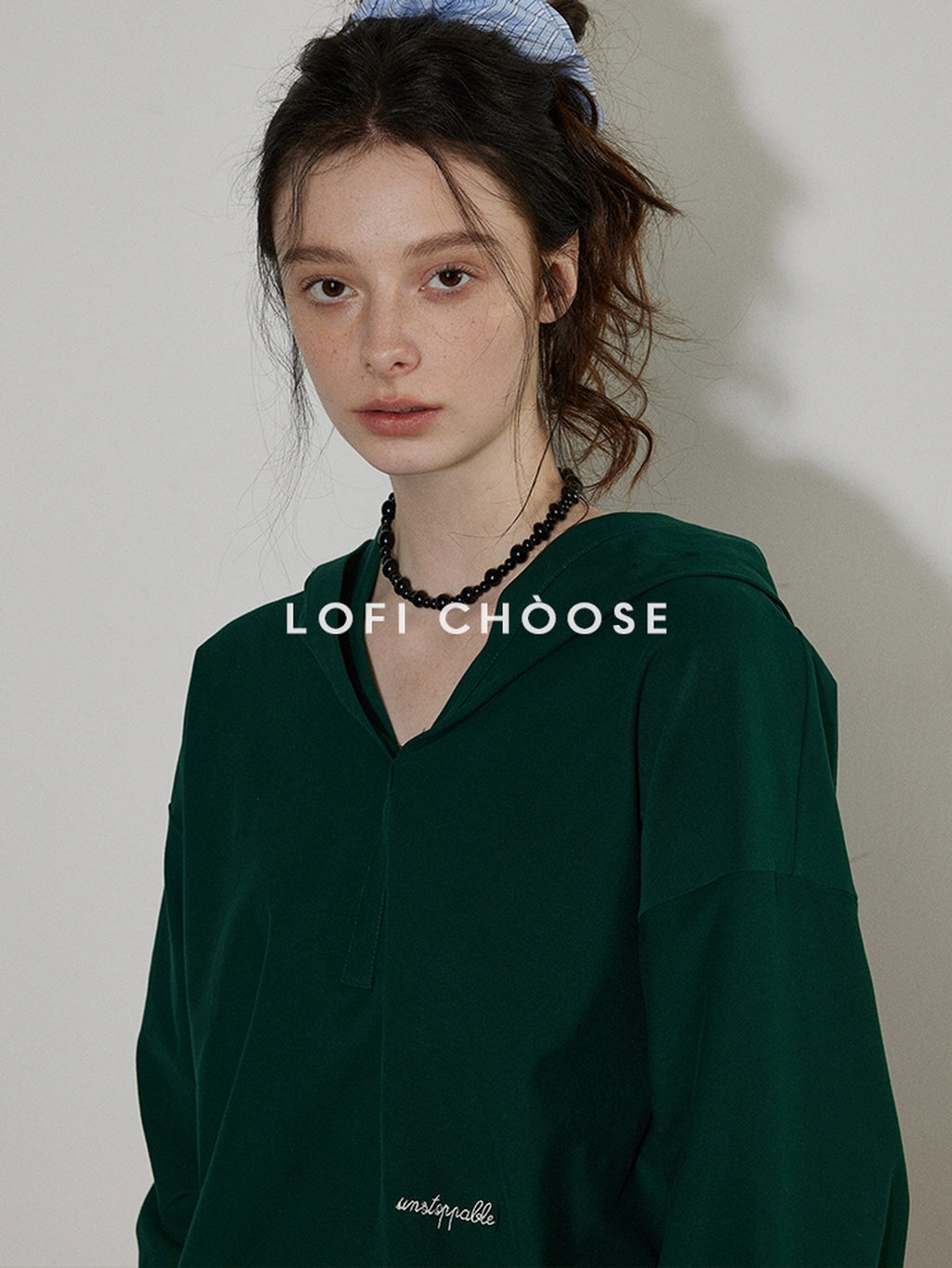Lofi choose Cozy Loose Fit V-neck Hooded Commuter Style Women Green Gray Hoodie