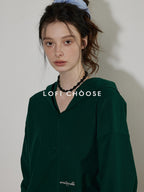 Lofi choose Cozy Loose Fit V-neck Hooded Commuter Style Women Green Gray Hoodie