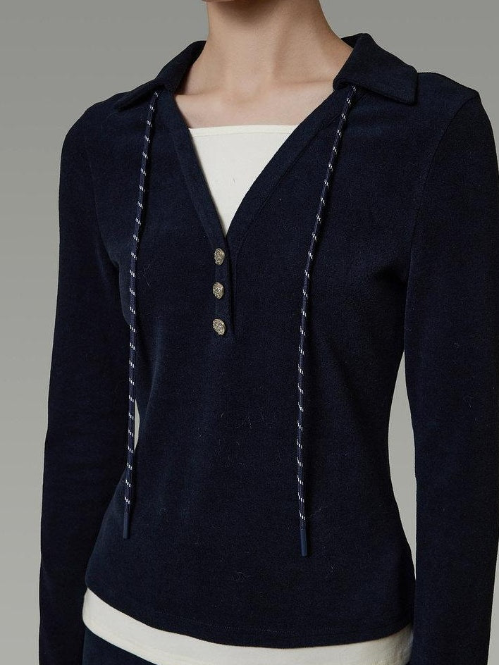 unspoken Breathable Slim Fit V-neck Knit Three Piece High Waist Navy Women Lounge Sets