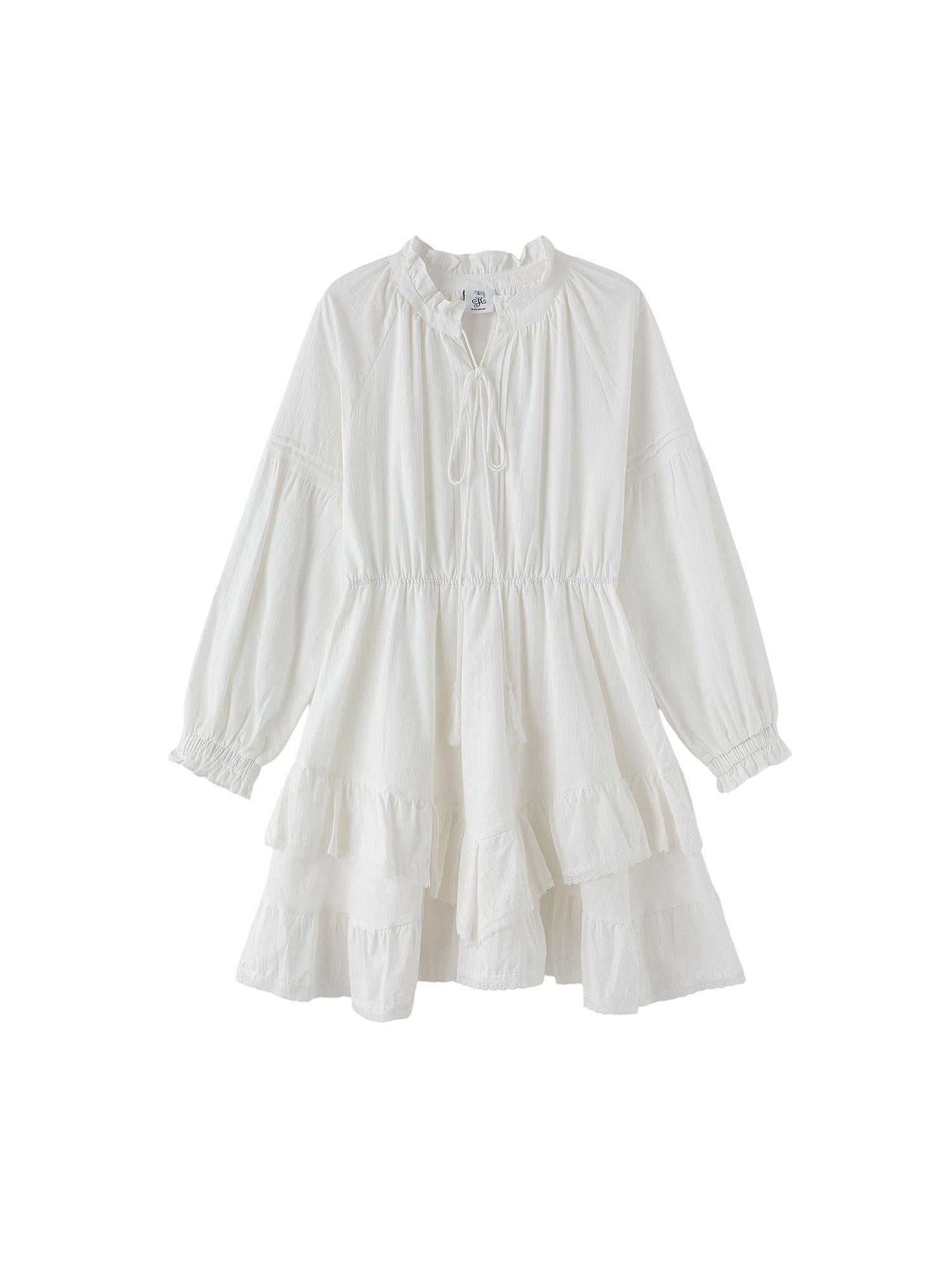 ikyou Non Fading V-neck Drawstring High Waist A Line Casual White Midi Dresses