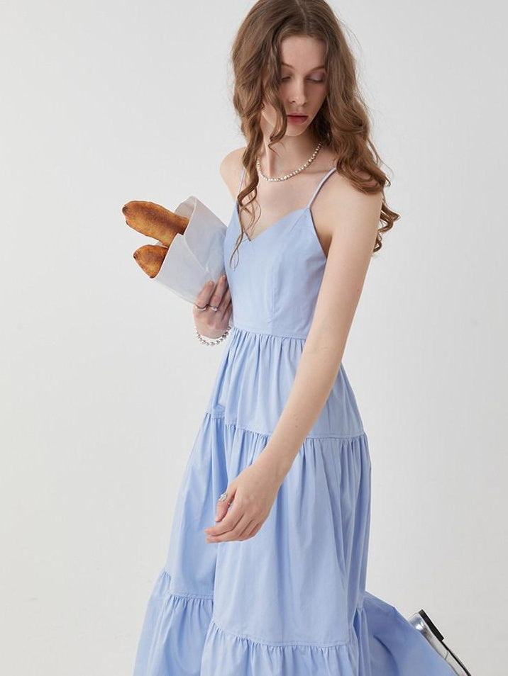 fano High Waist Pleated Minimalist V-neck Sleeveless A Line Cotton Casual Maxi Dresses
