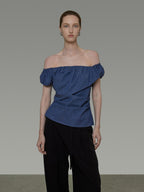 unspoken Wrinkle Resistant Minimalist Slim Asymmetrical Boat Neck Women Blue Blouses