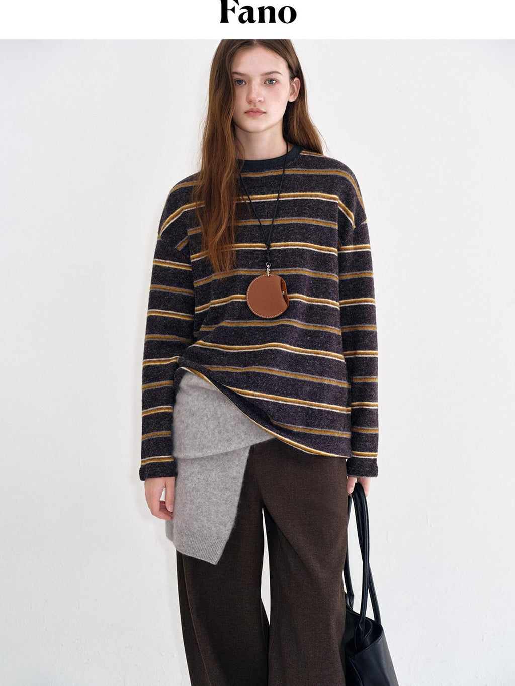 fano Acrylic Knit Striped Crew Neck Oversized Casual Women Long Sleeve T-Shirts
