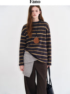 fano Acrylic Knit Striped Crew Neck Oversized Casual Women Long Sleeve T-Shirts