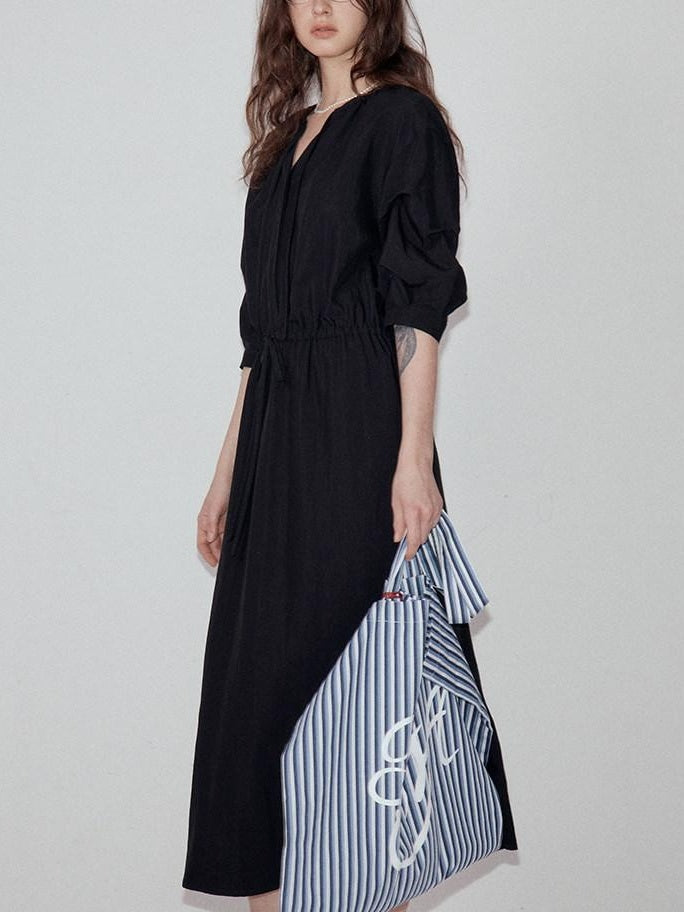fano Flattering Tied Waist Workwear A Line V-neck Women Viscose Nylon Black Maxi Dresses