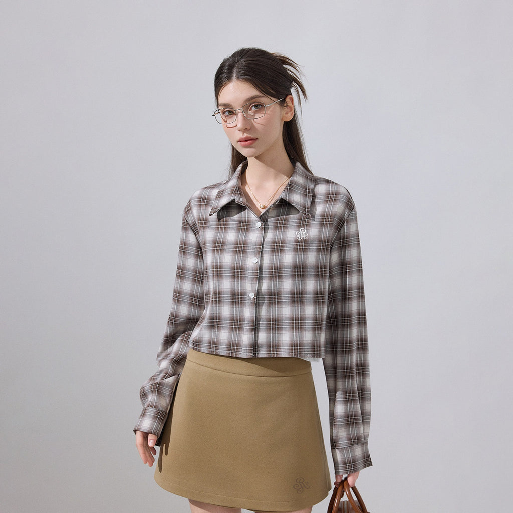 ikyou_Embroidered_Plaid_Crop_Slim_Fit_Collared_Long_Sleeve_Casual_Women_Brown_Shirts_MISSTT
