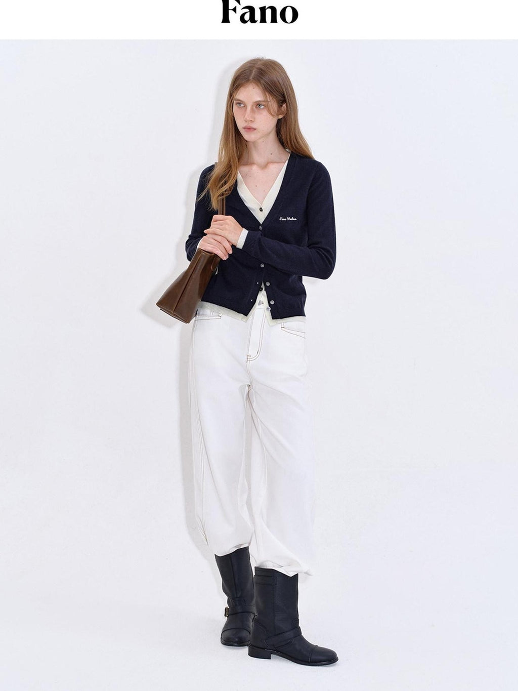 fano Embroidered Letter Slim V-neck Button For Teen Girls Navy Knit Cardigans