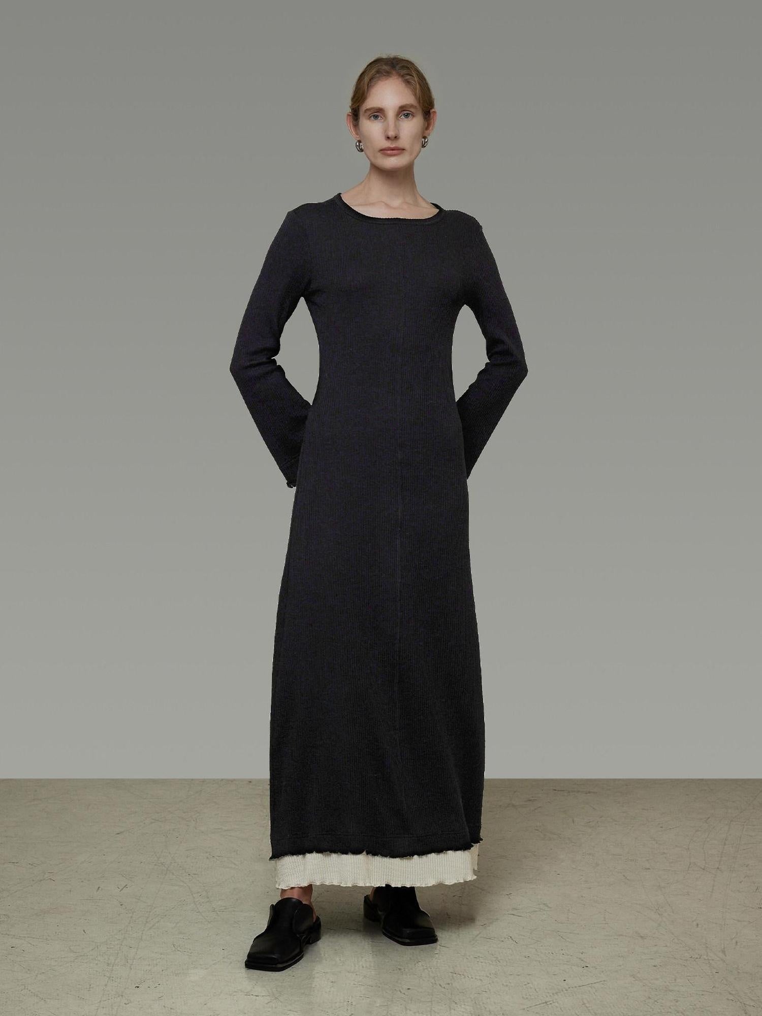 unspoken Slim Waist Colorblock Aline Knit Bell Sleeve Office Women Breathable Maxi Dresses