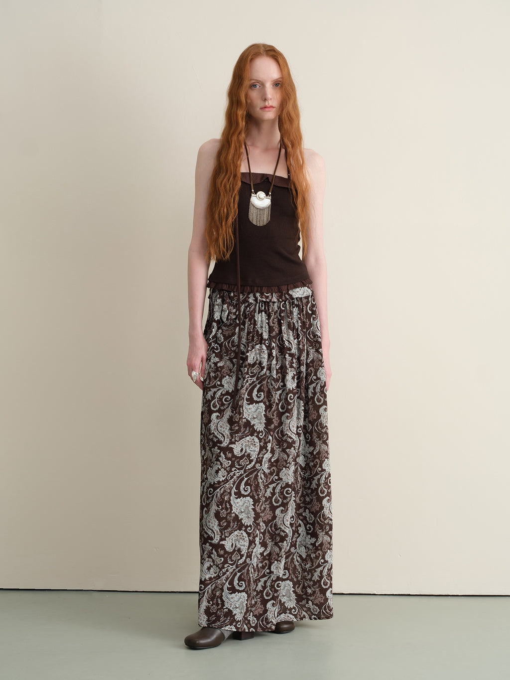 someonesometimes Lace Paisley Tie Mid Waist Relaxed H Line Casual Vacation Ladies Maxi Skirts