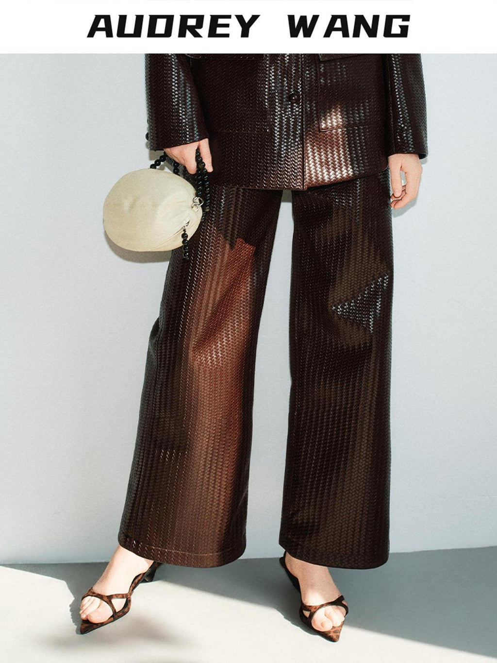 audreyyang Pu Faux Leather Casual Natural Waist Zip Fly Women Straight Pants