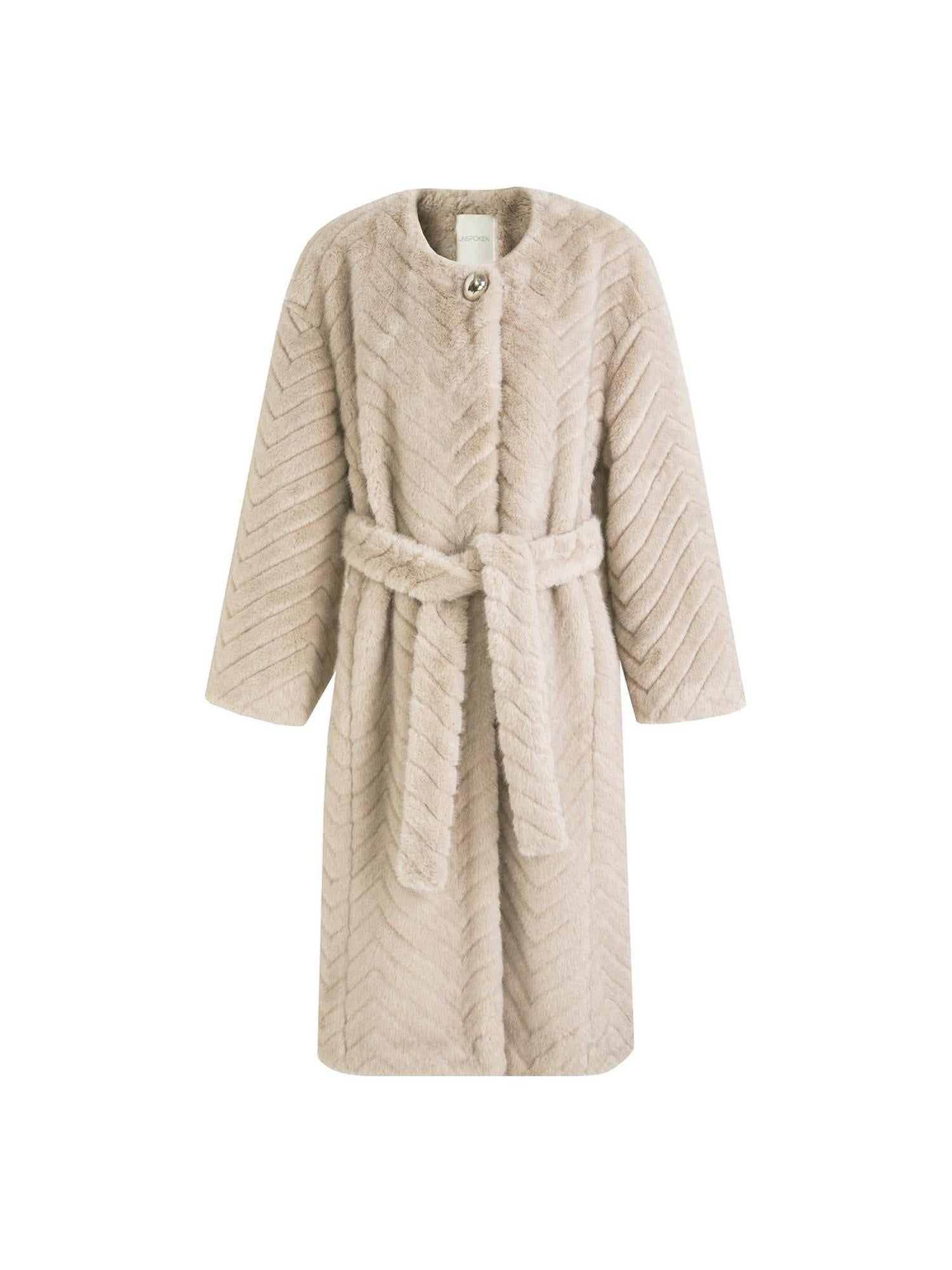 unspoken Warm Thick Beige Loose Fit Collarless Mid Length Commuter Women Long Coats