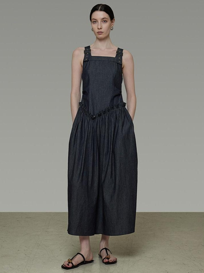 unspoken Minimalist Pleated Cinched Waist Cotton A Line Strap Dress Women Maxi Dresses