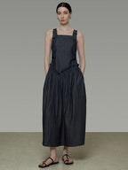 unspoken Minimalist Pleated Cinched Waist Cotton A Line Strap Dress Women Maxi Dresses