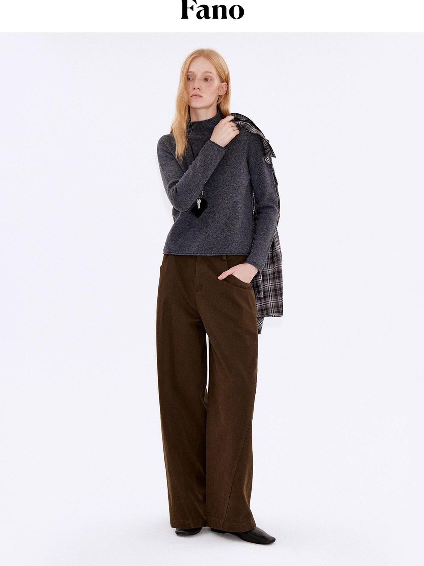 fano Warm Brushed Cotton Relaxed Straight Pocketed Natural Waist Brown Wide Leg Pants