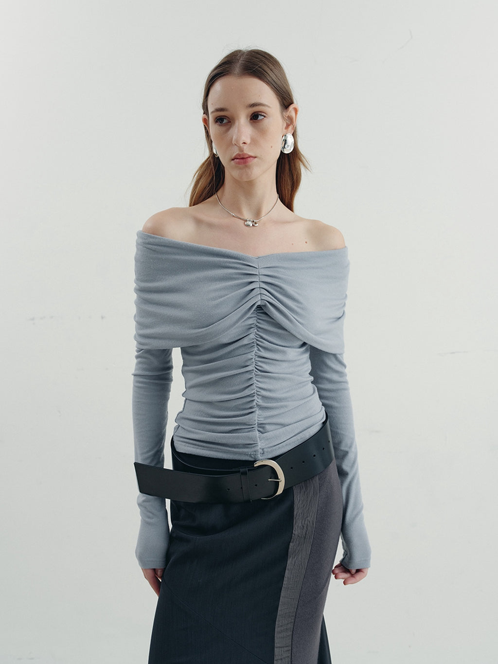 someone sometimes Soft Mist Blue Viscose Blend Slim Fit Round Neck Women Long Sleeve T-Shirts
