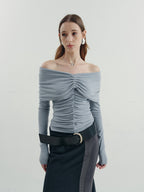 someone sometimes Soft Mist Blue Viscose Blend Slim Fit Round Neck Women Long Sleeve T-Shirts