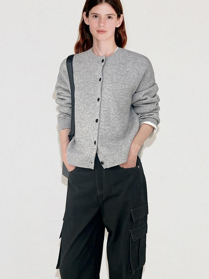 fano Thermal Wool Blend Office Straight Crew Neck Women Light Gray Cardigans