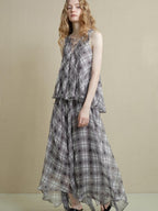 someonesometimes Flattering Commuter Slim Tie Strap Plaid Vest And Skirt Women Top & Skirt Sets